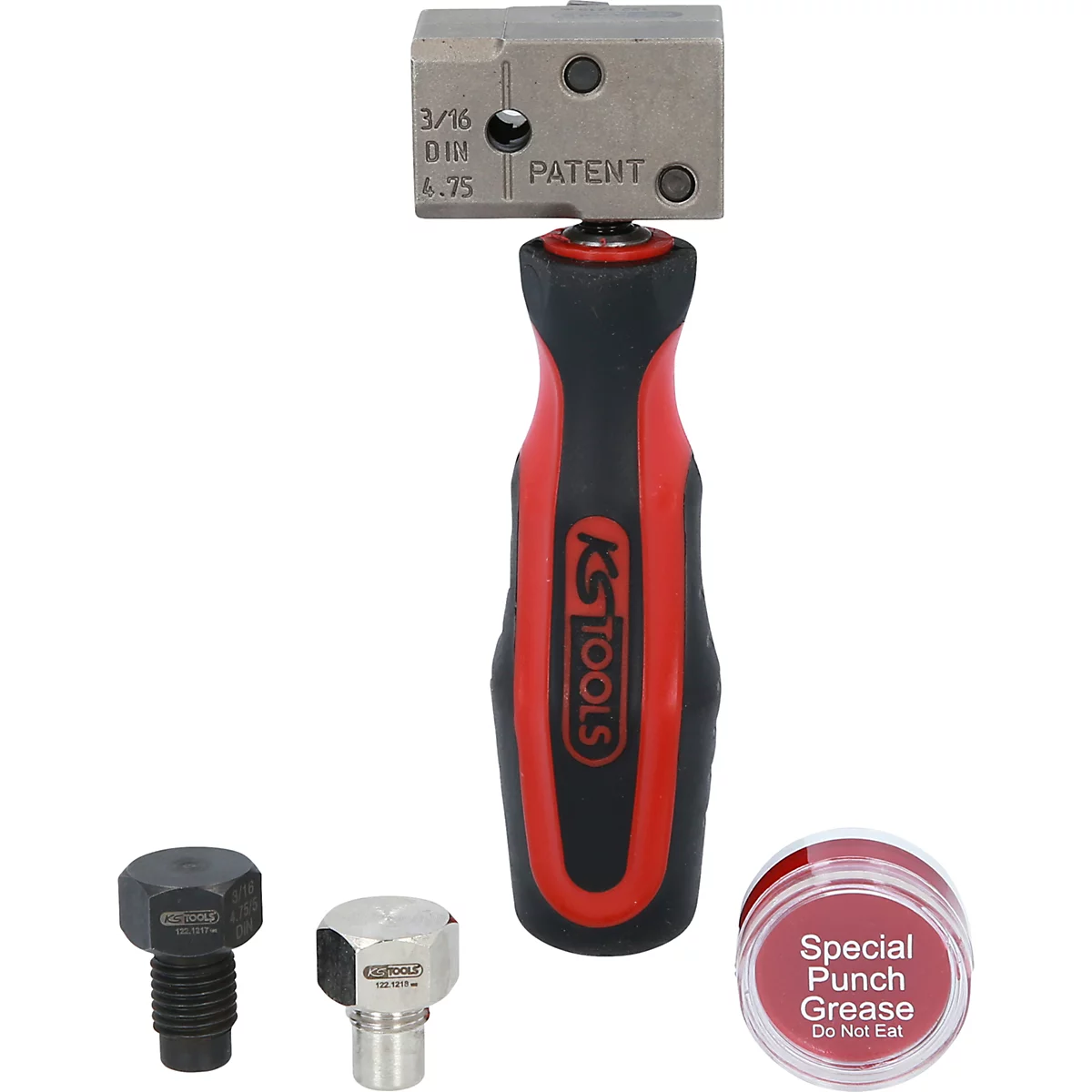 Werkzeug-Set mit rotem Griff, Metall-Werkzeugkopf, Schrauben und Fettbehälter.